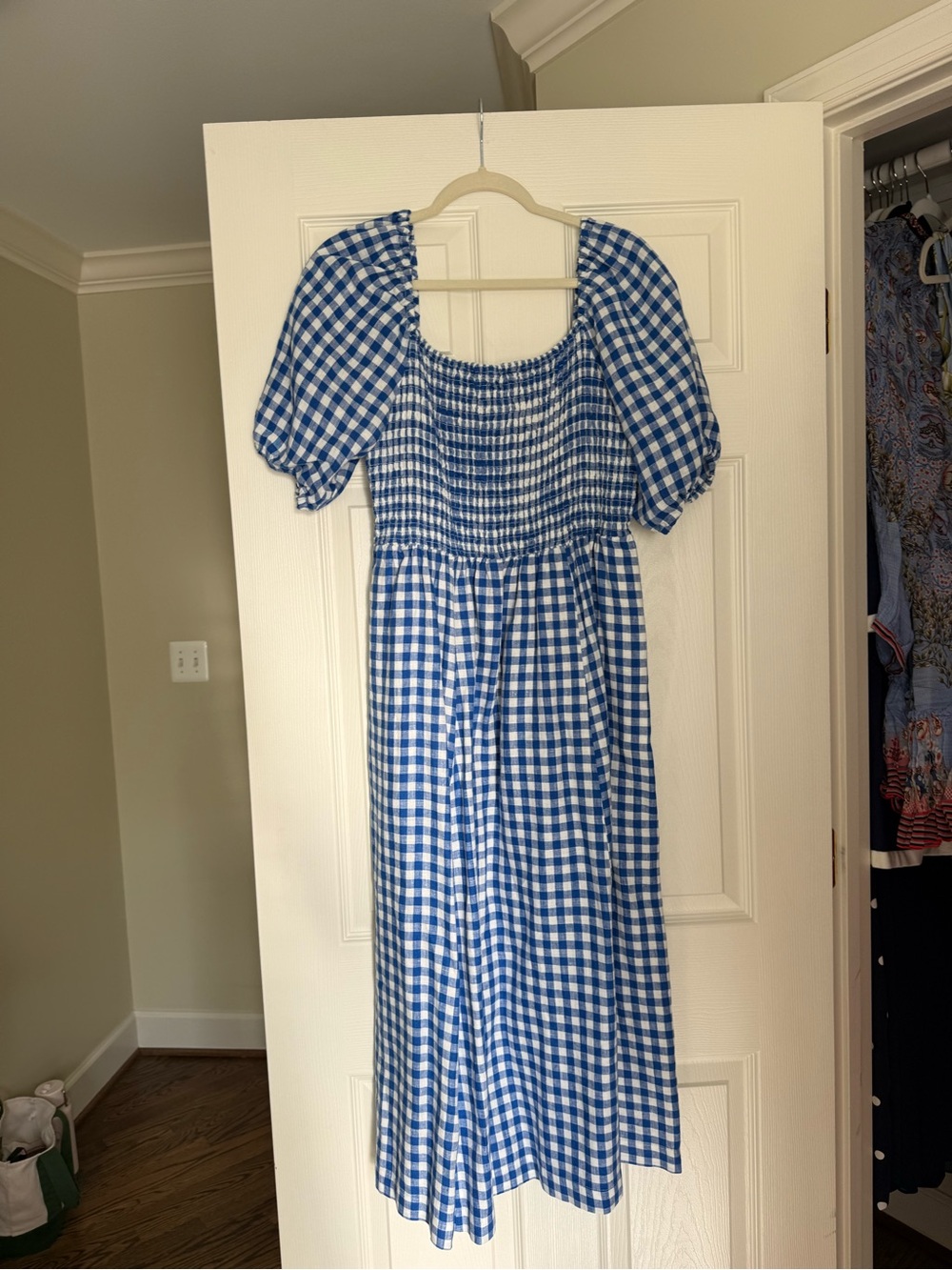 Boden Blue Gingham Smocked Puff-Sleeve Dress